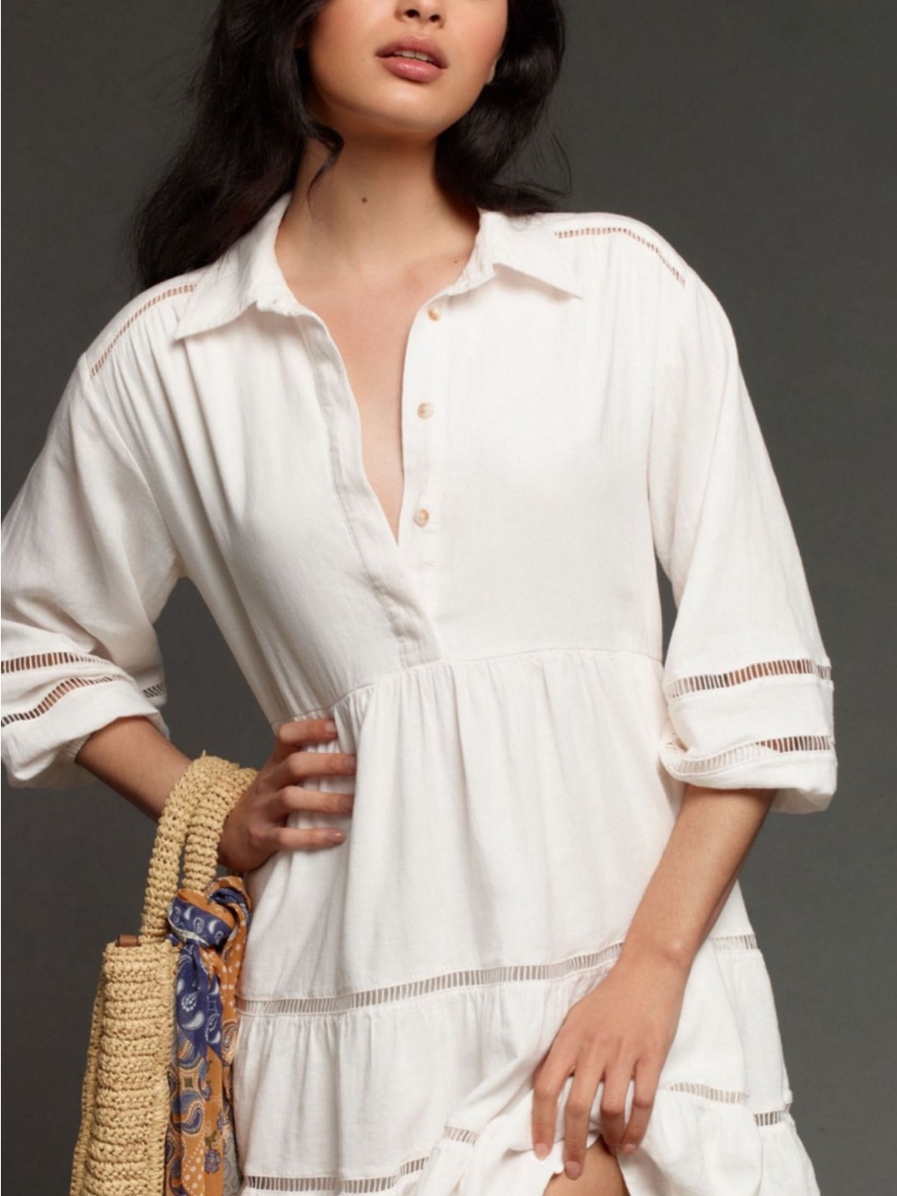 Anthropologie Maeve Bettina White Tiered Button-Front Cotton Dress. NWT.